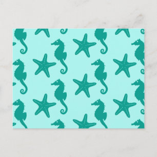 Postal Caballo de mar y pez estrella - turquesa y aqua