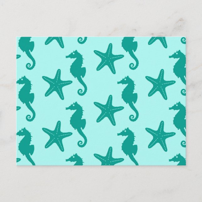 Postal Caballo de mar y pez estrella - turquesa y aqua (Anverso)