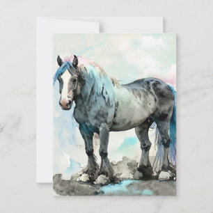 Postal Caballo de raza Shire Gentil Acuarela Azul
