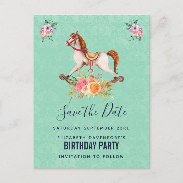 Postal Caballo de Rockefeller con Florals Save the Date (Anverso)
