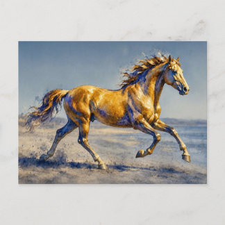 Postal Caballo Dorado en una Playa,