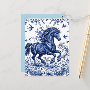Postal Caballo frisón al estilo Delftware en prado