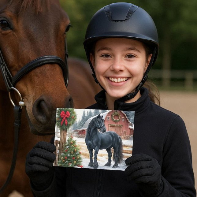 Postal Caballo Frisón Feliz Navidad  (Christmas postcard featuring a Friesian horse, ideal for any horse enthusiast.)
