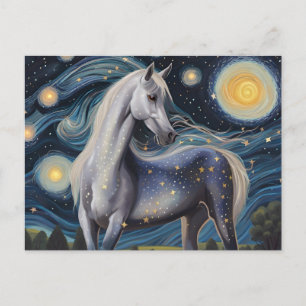 Postal Caballo gris en una noche estrellada