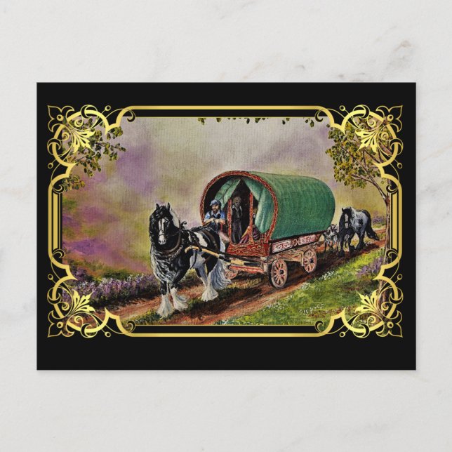 Postal Caballo Gypsy Vanner Tapiz de vagón irlandés (Anverso)