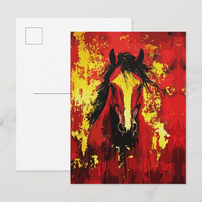 Postal Caballo majestuoso - Espíritu feroz en oro y rojo (Anverso / Reverso)