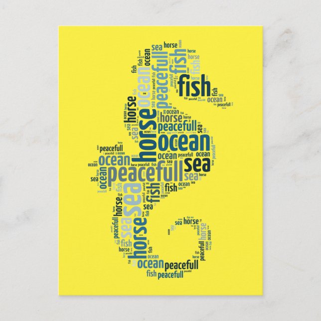 Postal Caballo marino como diseño de nubes de palabras (Anverso)