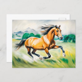 Postal Caballo marrón corriendo a través de un prado