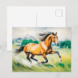 Postal Caballo marrón corriendo a través de un prado