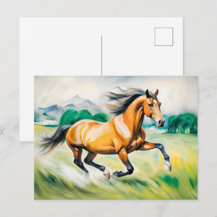 Postal Caballo marrón corriendo a través de un prado