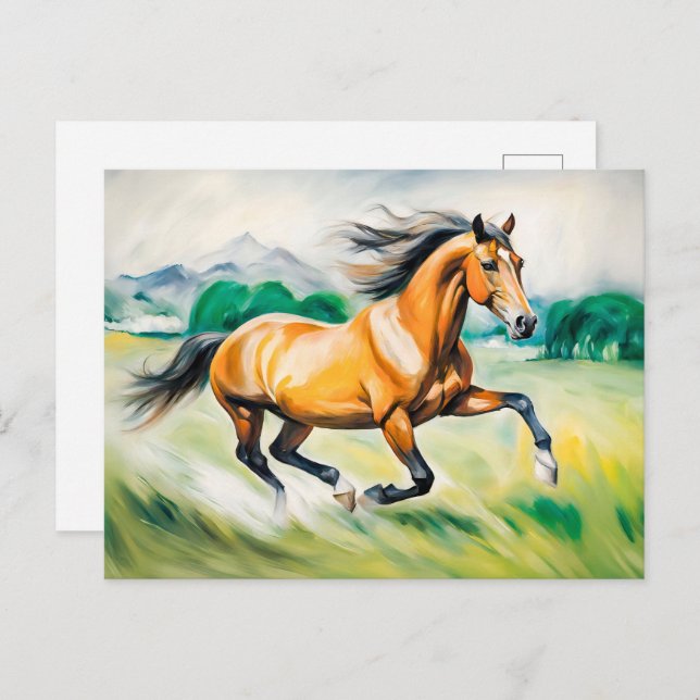 Postal Caballo marrón corriendo a través de un prado (Anverso / Reverso)
