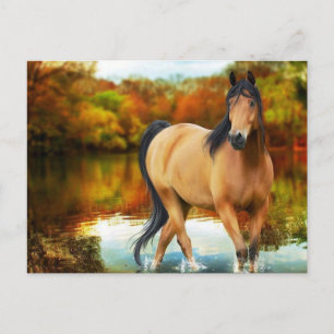 Postal caballo marrón, flores, árbol