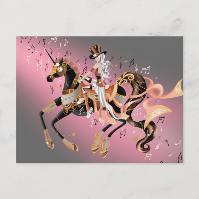 Postal Caballo mecánico Steampunk y dama café dorado (Anverso)