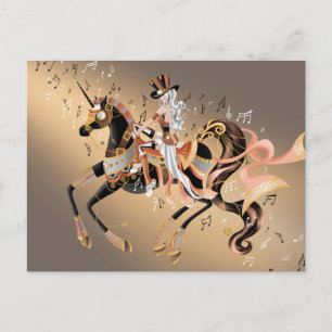 Postal Caballo mecánico Steampunk y dama café dorado
