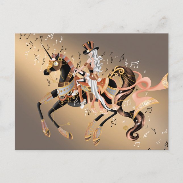 Postal Caballo mecánico Steampunk y dama café dorado (Anverso)
