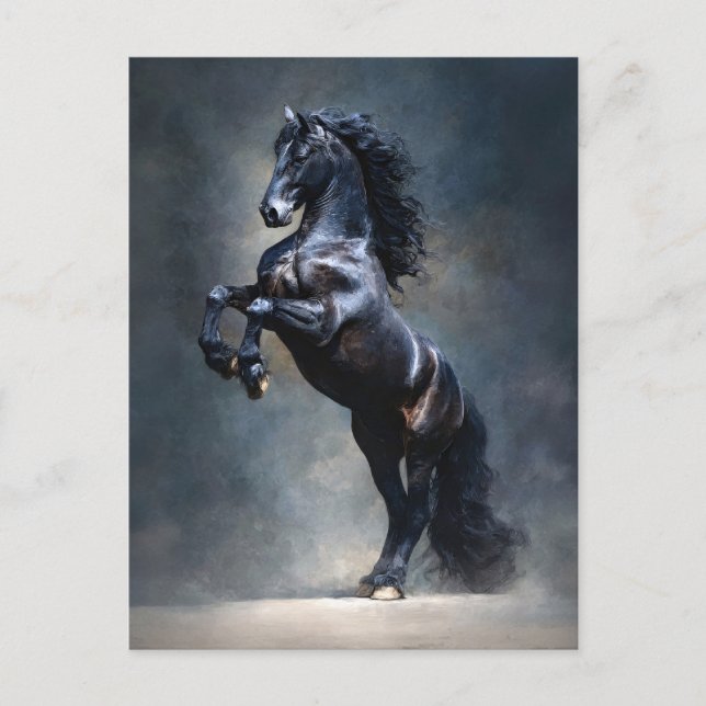 Postal Caballo Negro Alzándose (Anverso)
