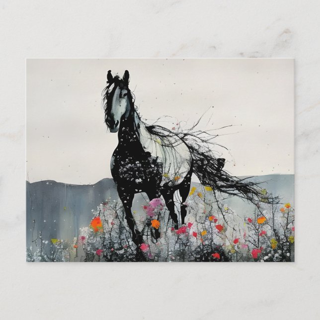 Postal Caballo negro con flores silvestres (Anverso)