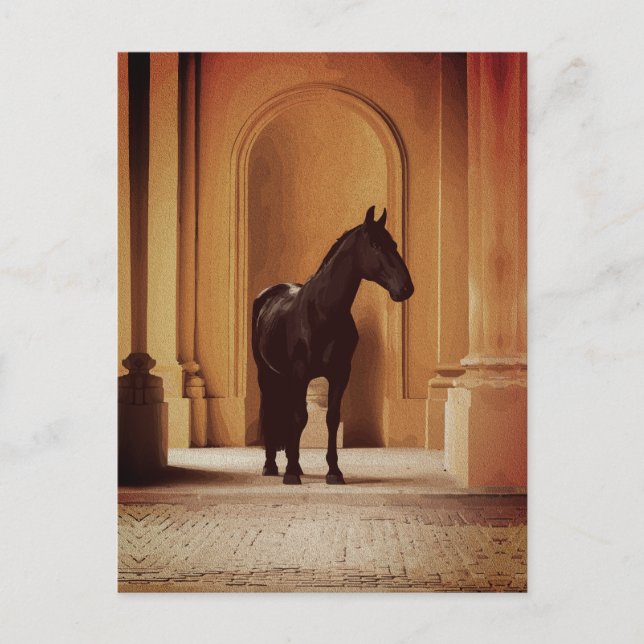 Postal Caballo Negro Elegante en Arco Dorado (Anverso)
