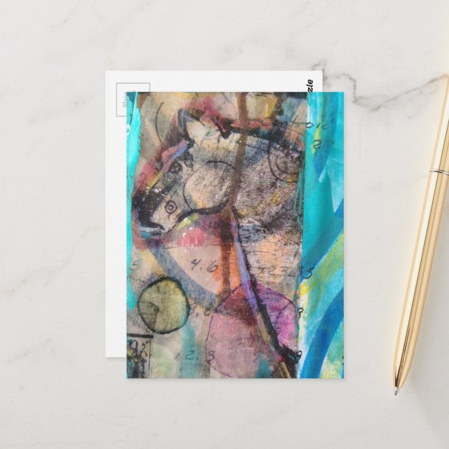 Postal Caballo Retro sobre Fondo Azul Medios Mixtos (Anverso/Reverso In Situ)