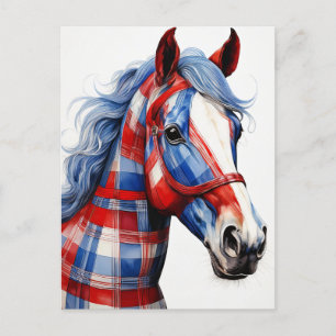 Postal Caballo rojo blanco y azul trenzado