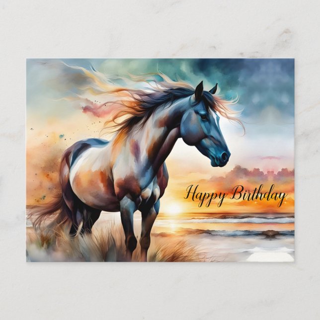 Postal Caballo salvaje en duna de hierba al atardecer (Anverso)