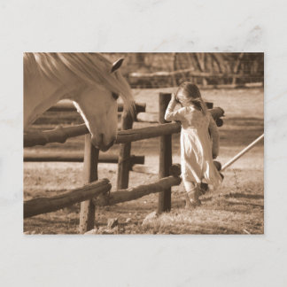 Postal Caballo Sepia Negro y Blanco y Niño