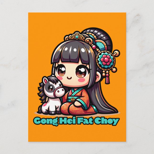 Postal Caballo y Chica del Año Nuevo chino Kawaii (Anverso)