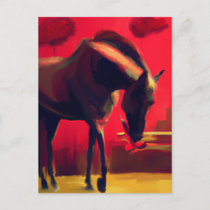 Postal Caballo y flores del cielo rojo