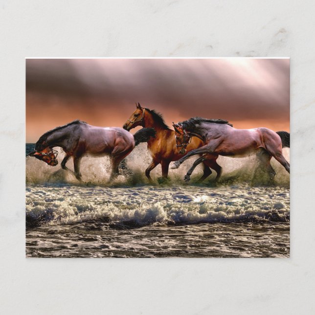 Postal Caballos corriendo en pintura de olas oceánicas (Anverso)