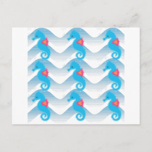 Postal Caballos De Mar Y Patrón De Ondas Azules