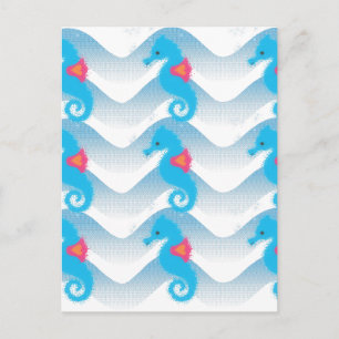 Postal Caballos De Mar Y Patrón De Ondas Azules