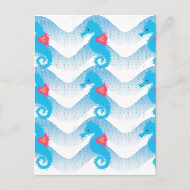 Postal Caballos De Mar Y Patrón De Ondas Azules (Anverso)
