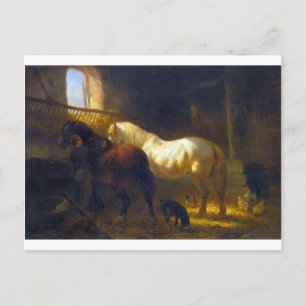 Postal Caballos en un establo