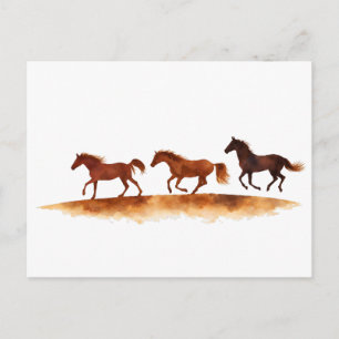 Postal Caballos Galopando en Llanura de Acuarela