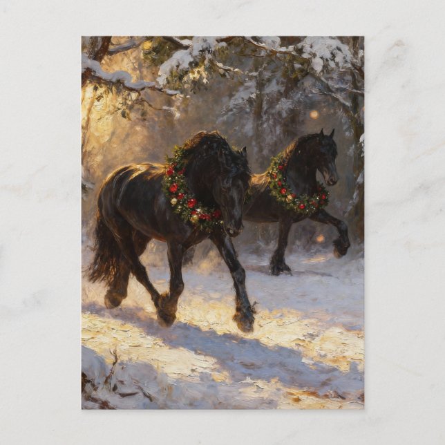 Postal Caballos Negros Hermosos Bosque Invernal Navidad (Anverso)