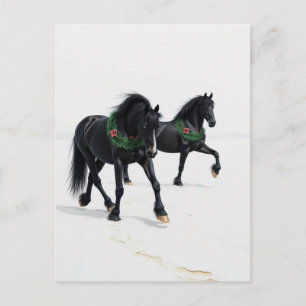 Postal Caballos Negros Hermosos Nieve de Invierno Navidad