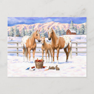 Postal Caballos Palomino Appaloosa De Nieve