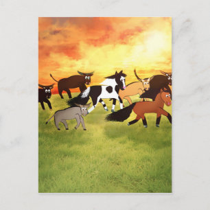 Postal Caballos personalizados corriendo con Bull
