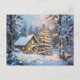 Postal Cabaña acogedora de invierno con árbol de Navidad