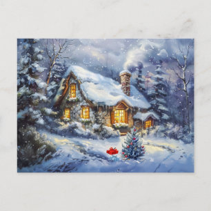 Postal Cabaña acogedora de invierno con árbol de Navidad