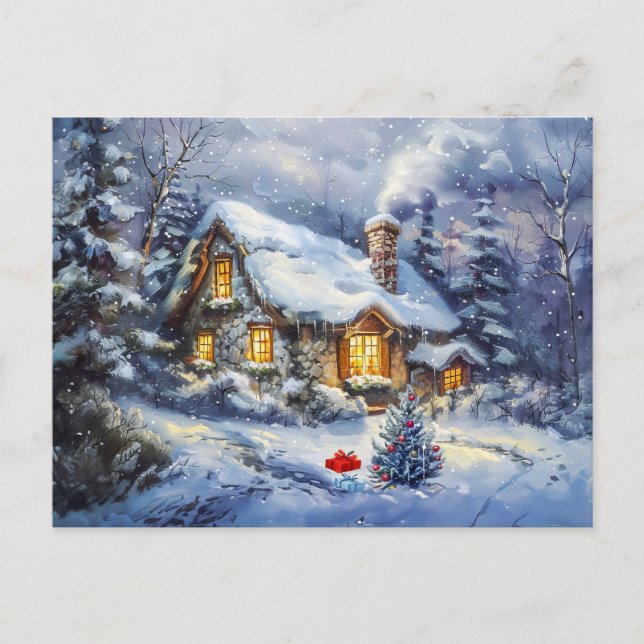 Postal Cabaña acogedora de invierno con árbol de Navidad (Anverso)