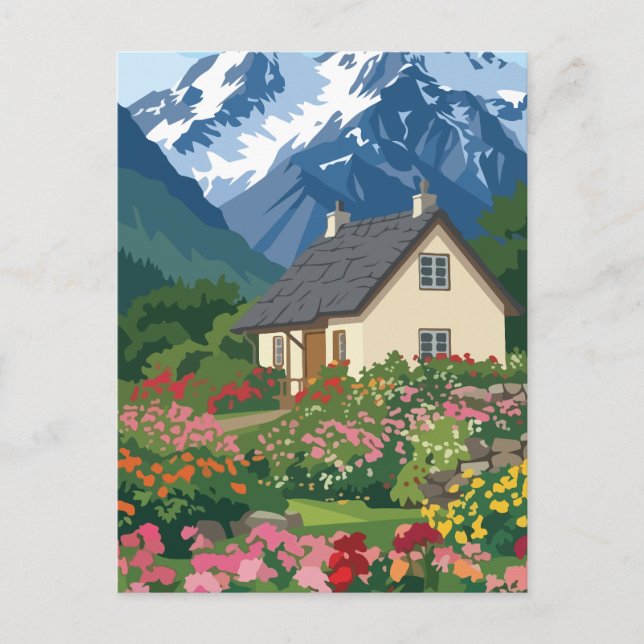 Postal Cabaña Alpina Pintoresca con Jardín de Flores Vibr (Anverso)