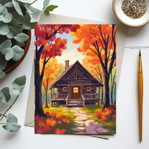 Postal Cabaña   Aquarela de bosque con follaje de otoño