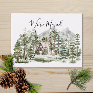 Postal Cabaña de acuarela en el bosque de pino verde al q