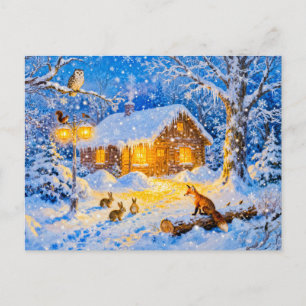 Postal Cabaña de bosque invernal con animales del bosque