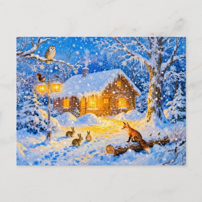 Postal Cabaña de bosque invernal con animales del bosque (Anverso)