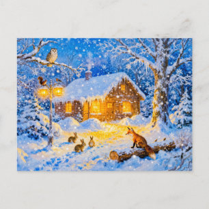 Postal Cabaña de bosque invernal con animales del bosque