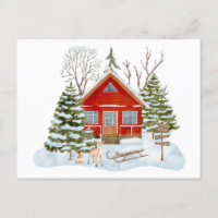 Cabaña de bosque invernal y visitantes del bosque