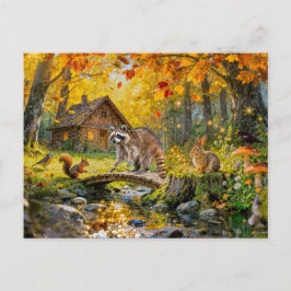 Postal Cabaña de bosque otoñal con animales del bosque y