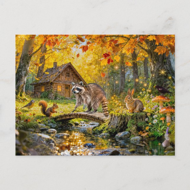 Postal Cabaña de bosque otoñal con animales del bosque y  (Anverso)